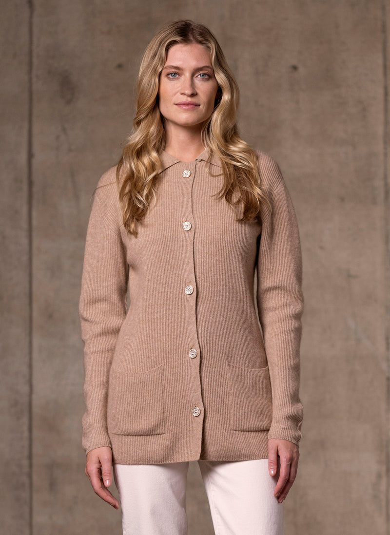 Women's Button Cardigan Knitted Cashmere Sweater in Camel