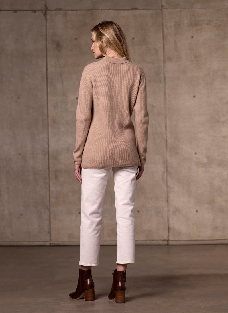 Back Image Women's Button Cardigan Knitted Cashmere Sweater in Camel 