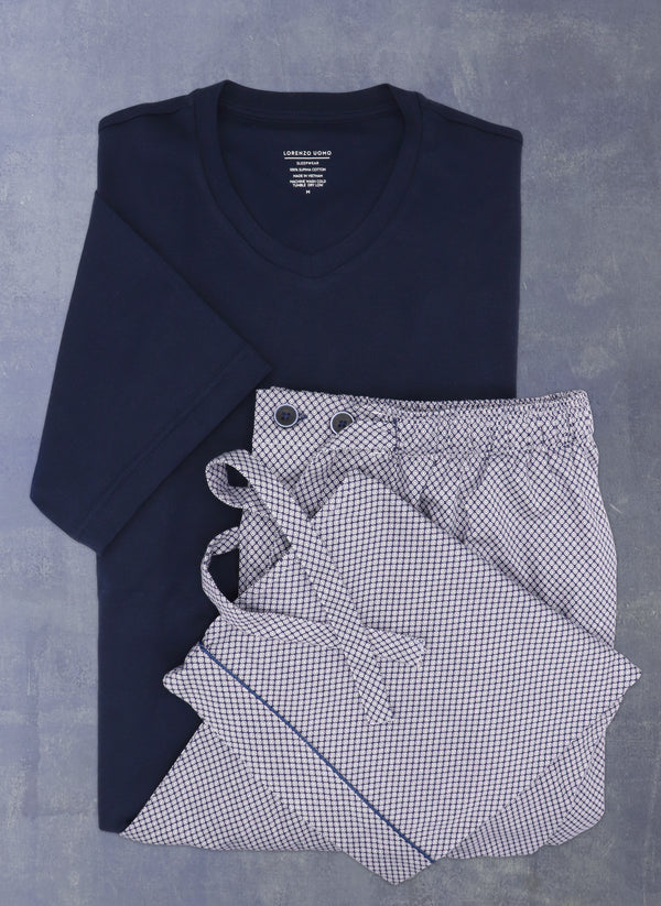 Men's Knit Pajama set with navy v-neck t-shirt andBottom in Navy Print