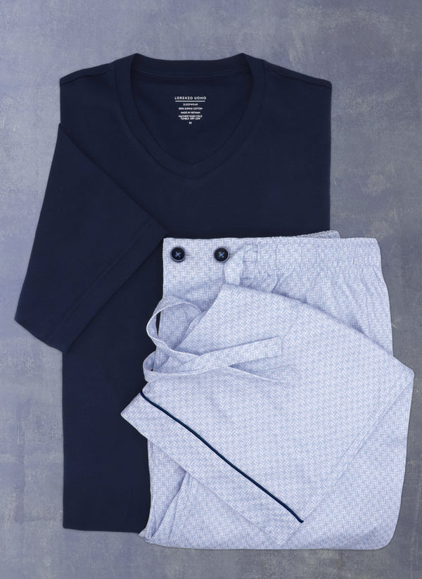 Men's Knit Pajama set navy blue v-neck t-shirt and Bottom in Light Blue Print