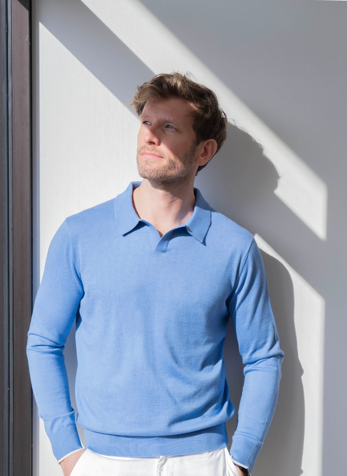 Men's Edoardo Casual Buttonless Pima Cotton and Cashmere Long Sleeve Polo Shirt Sweater in Royal Blue, S / Royal Blue