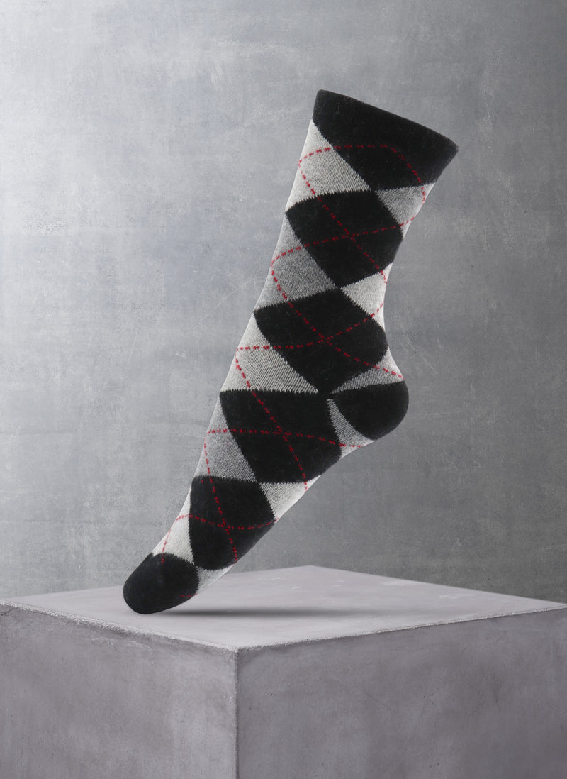 Women's Cashmere Blend Argyle Sock in Black and Grey