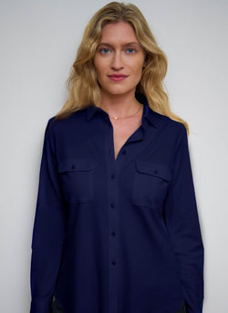 Women's Slim Fit Supima® Cotton Knit Shirt with Pockets in Navy – Lorenzo Uomo