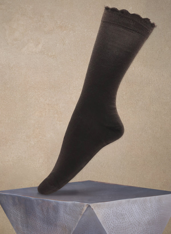Women's Merino Wool Solid Ruffle Sock in Brown