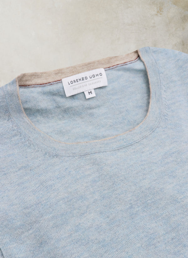 Collar Detail Men's Sanremo Cashmere Long Sleeve Crew Neck Shirt Sweater in Light Blue