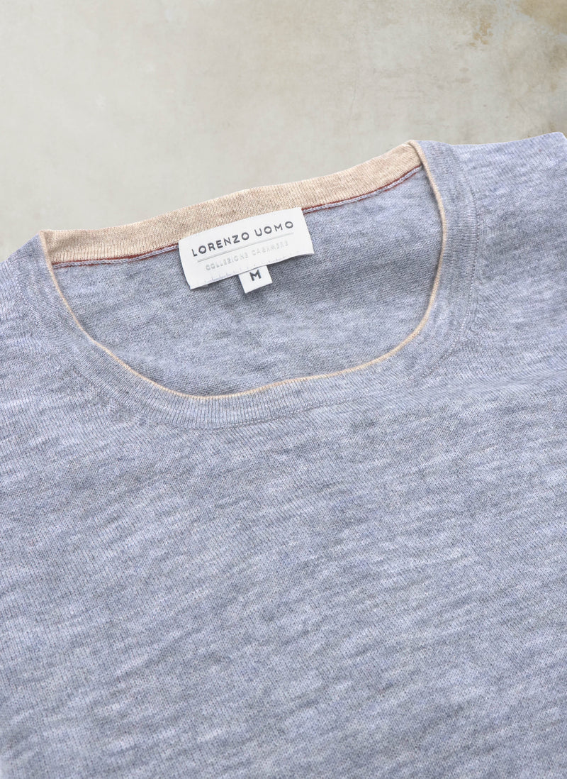 Collar Detail of Men's Sanremo Cashmere Long Sleeve Crew Neck Shirt Sweater in Light Grey 