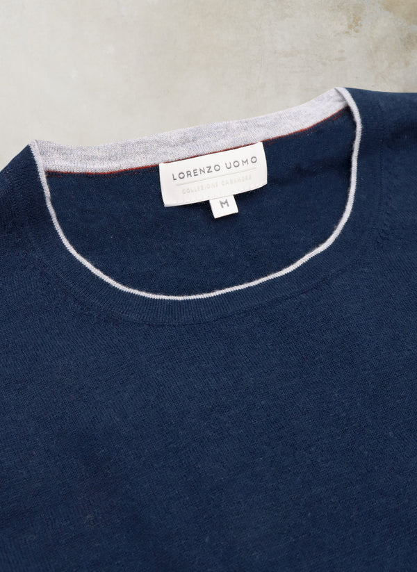 Collar Detail Men's Sanremo Cashmere Long Sleeve Crew Neck Shirt Sweater in Navy 