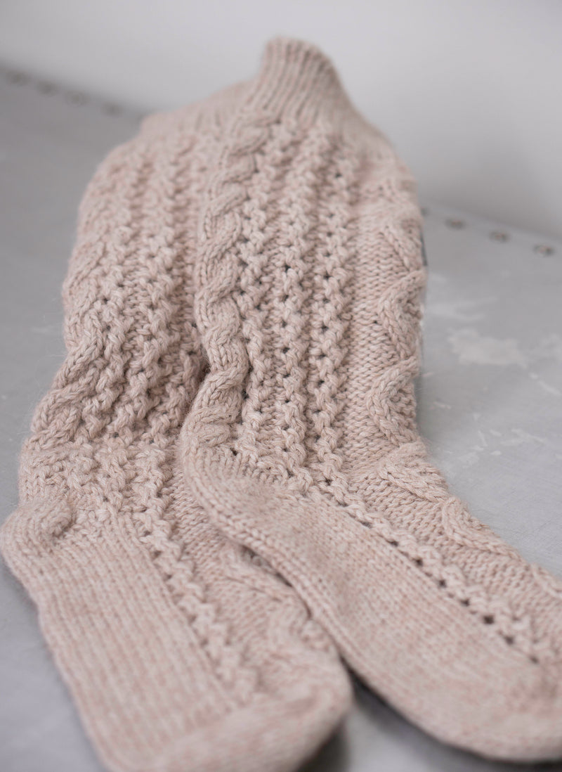 Women's Hand Knitted Alpaca Cable Sock in Light Taupe