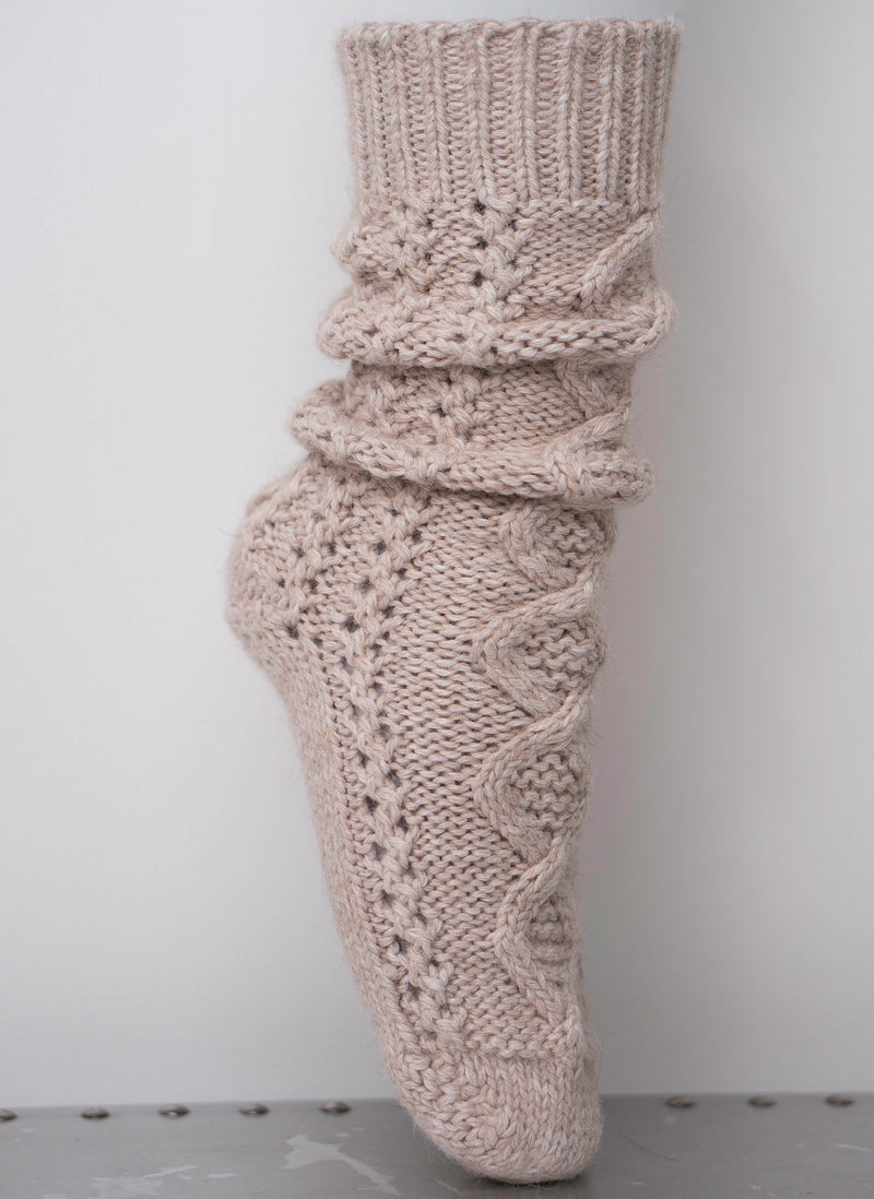 Women's Hand Knitted Alpaca Cable Sock in Light Taupe