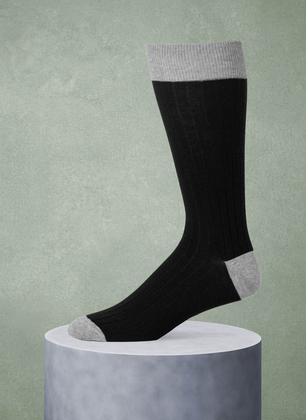Solid Rib Sock in Black and Light Grey