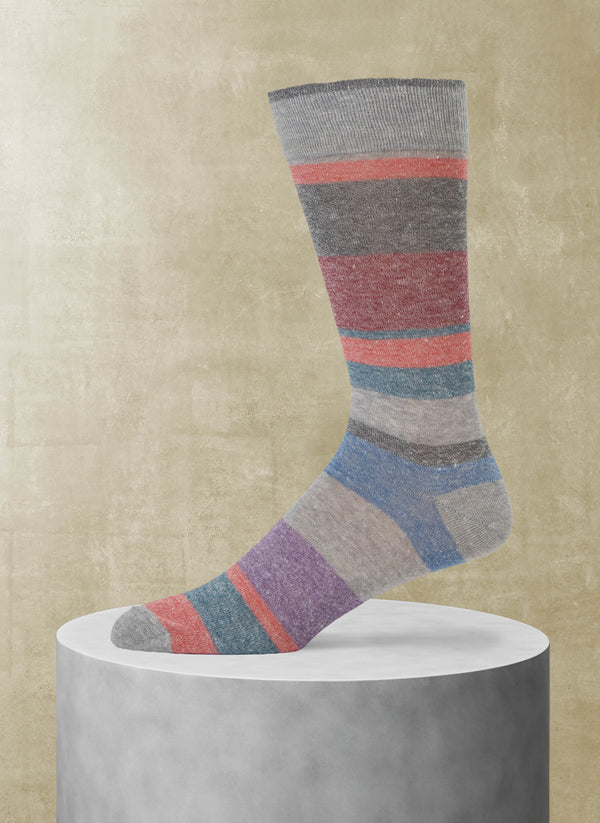 Italian Linen Stripe Sock in Light Grey and Red