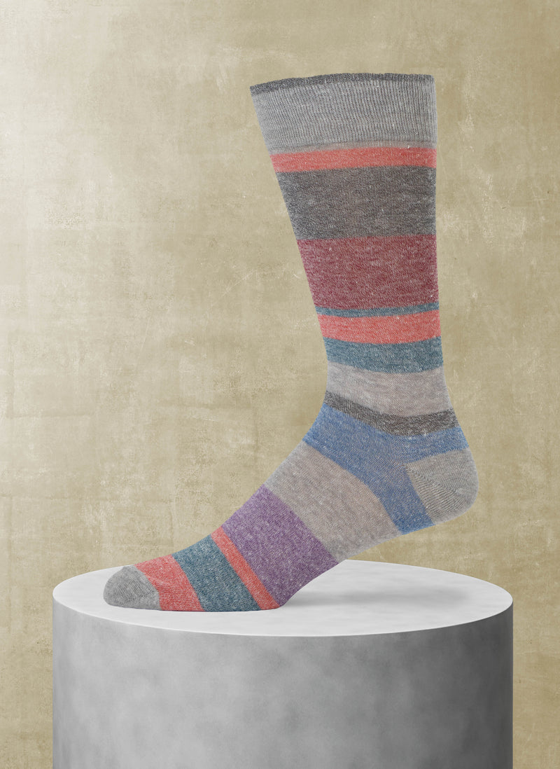 Italian Linen Stripe Sock in Light Grey and Red