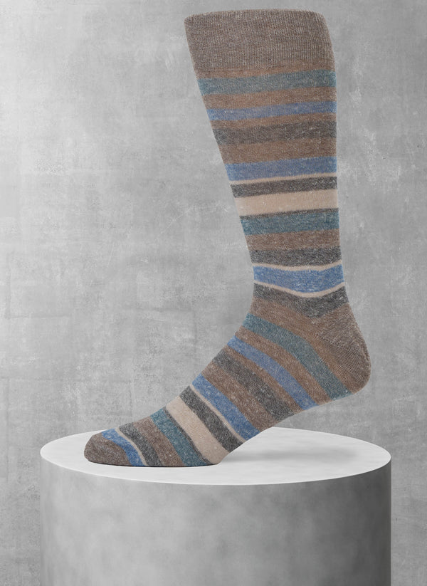 Italian Linen Stripe Sock in Light Blue and Brown