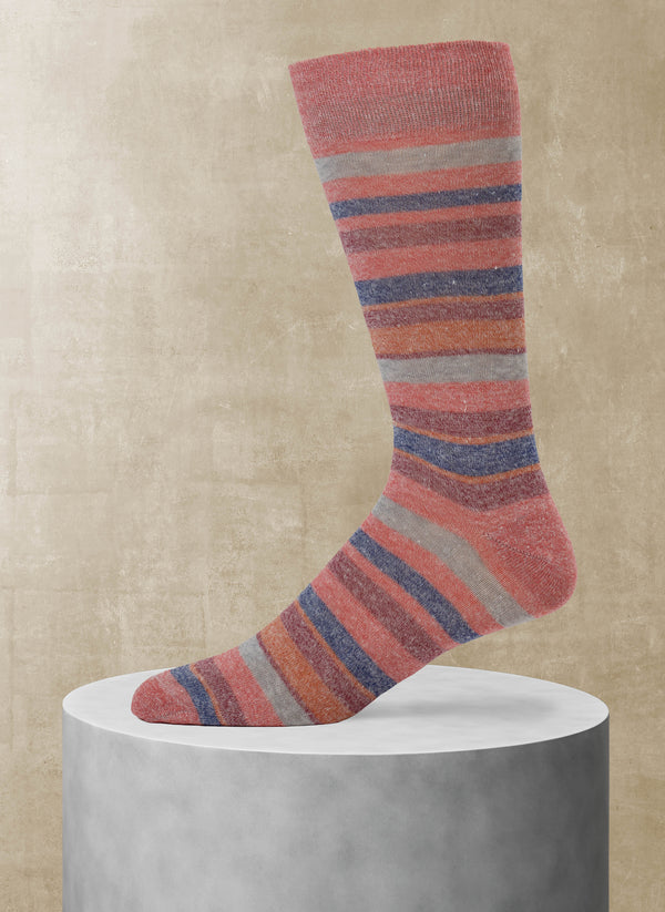 Italian Linen Stripe Sock in Coral and Red