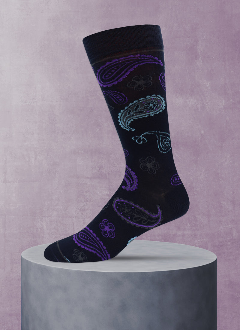 Large Navy Paisley Sock Navy and Purple