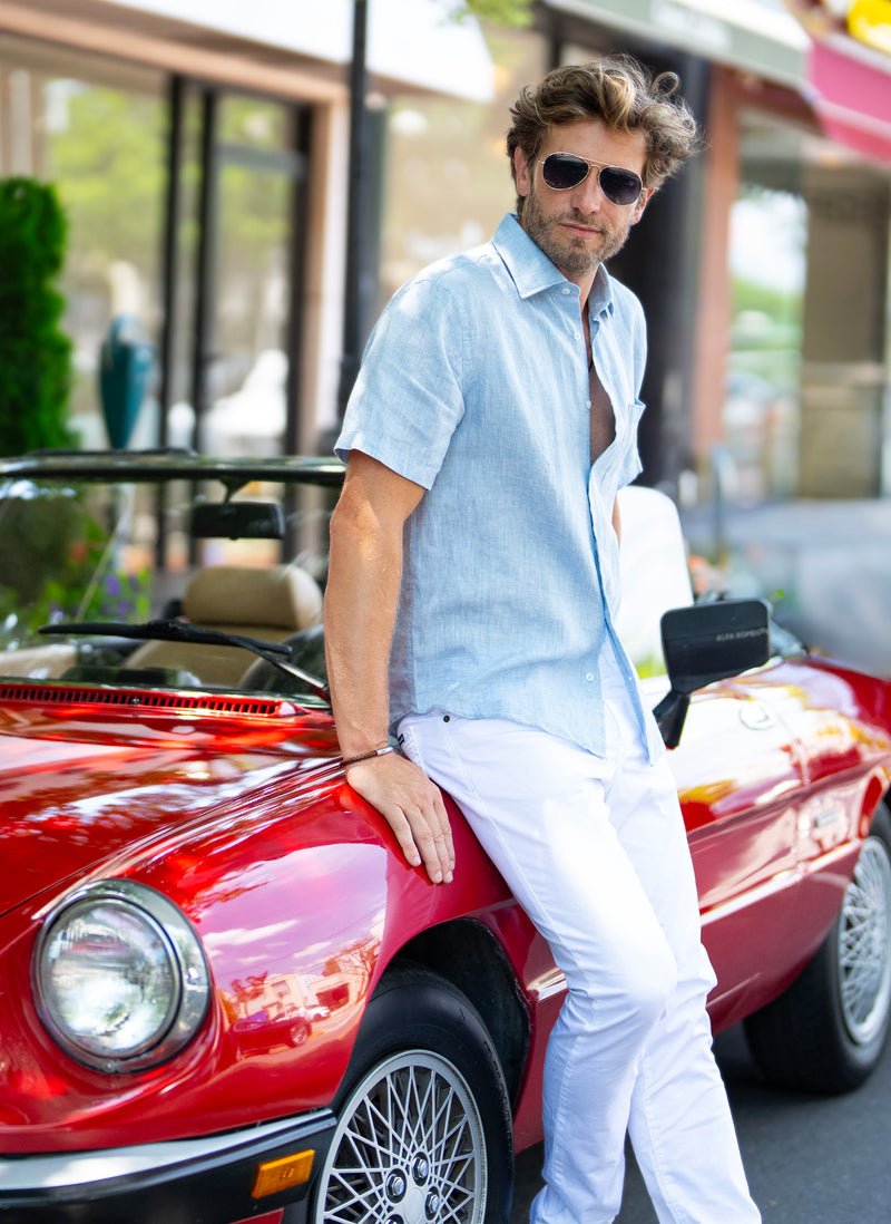 Alexander in Light Blue Linen Short Sleeve Shirt