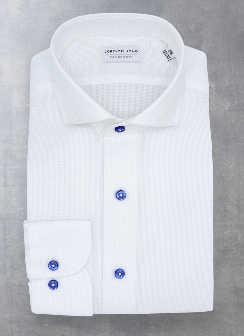 Alexander in White Solid Textured with Contrast Navy Buttons Shirt, 16.5 32/33 Alexander in White Solid Textured with Contrast Navy Buttons Shirt, 16.5 32/33