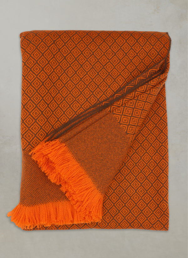 folded Cashmere Diamond Blanket with Fringe in Retro Orange