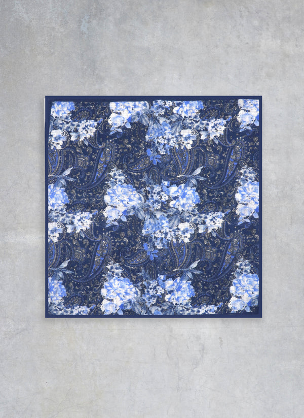 flat Floral Wool Pocket Square in Navy