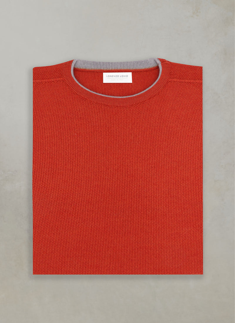 flay lay image of 100% merino wool crew neck sweater in rust mélange 