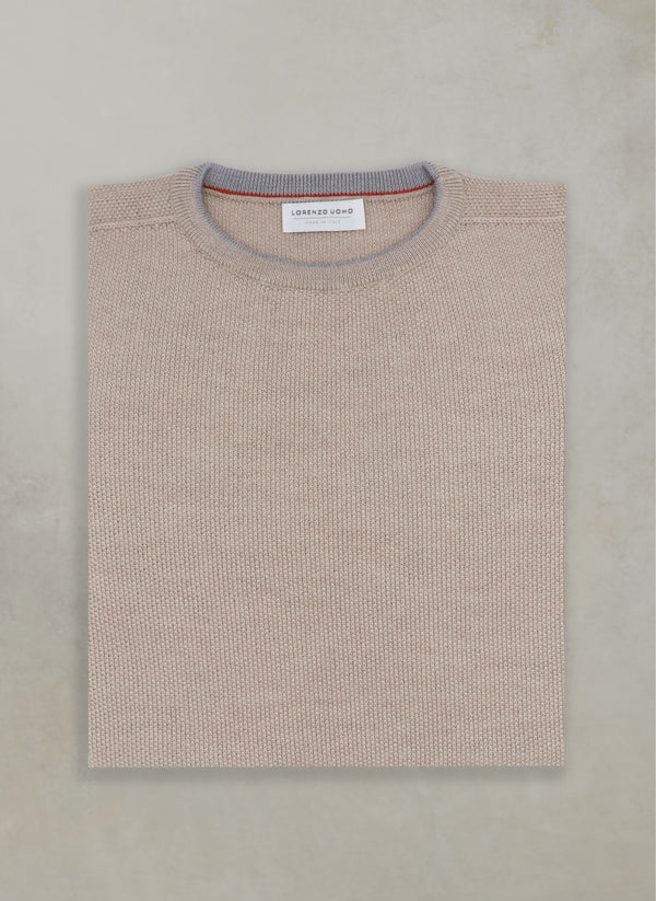 flat lay of a 100% merino wool crew neck sweater in taupe mélange  