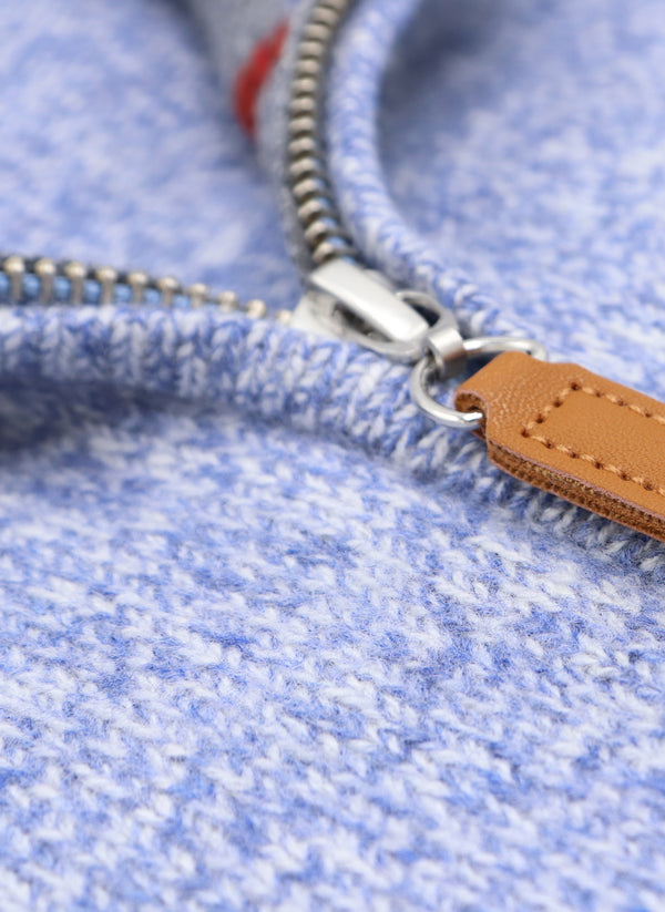 close up image of our melange quarter zip merino wool sweater showing our ykk zipper