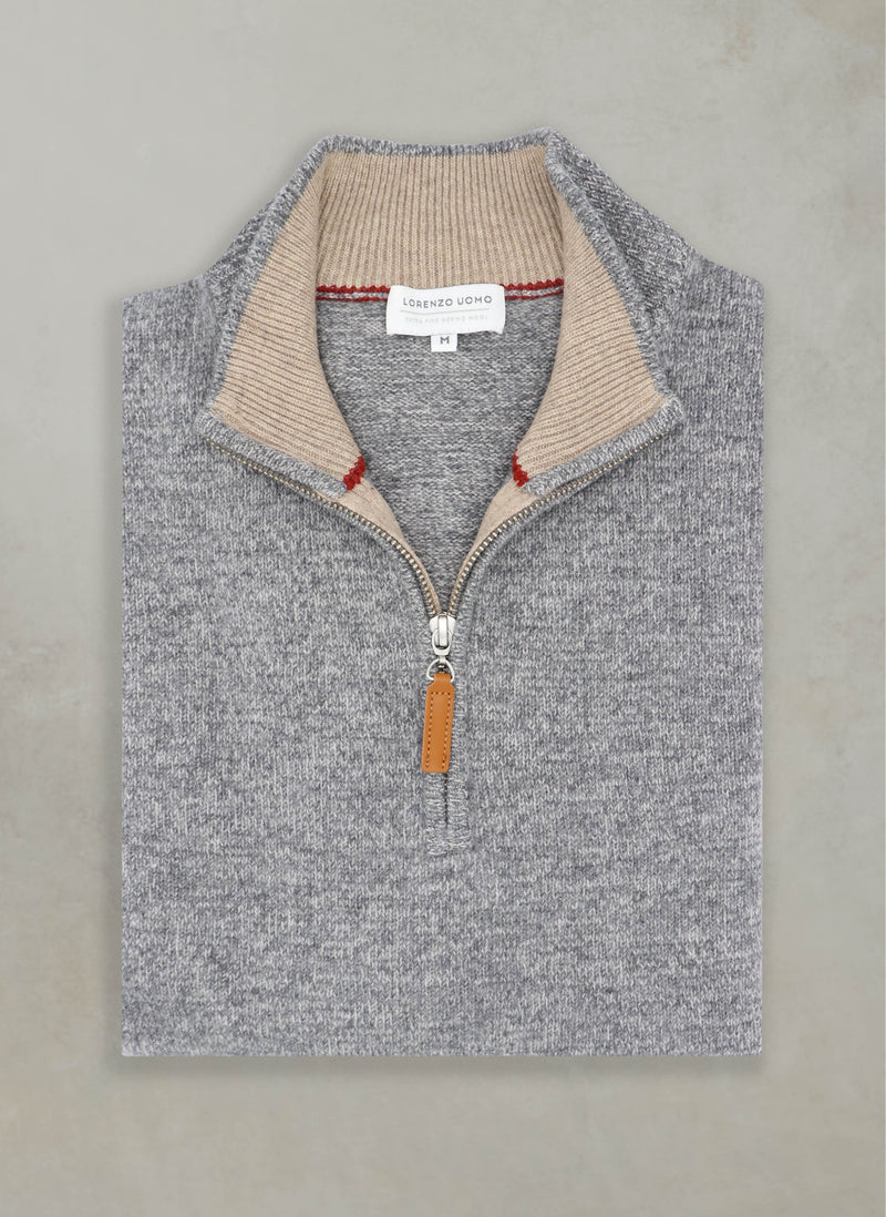 Men's Vipiteno Mouline Mélange Quarter Zip Merino Wool Sweater in Light Grey
