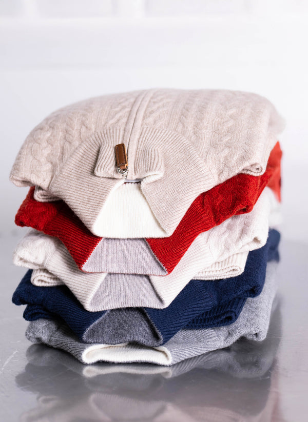 Men's Aalborg Cable Quarter Zip Cashmere Sweater in Light Taupe