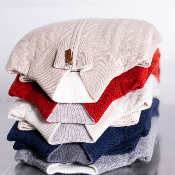 Men's Aalborg Cable Quarter Zip Cashmere Sweater in Light Taupe