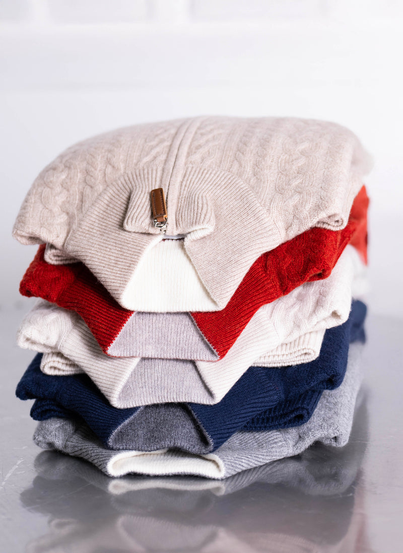 Men's Aalborg Cable Quarter Zip Cashmere Sweater in Light Taupe