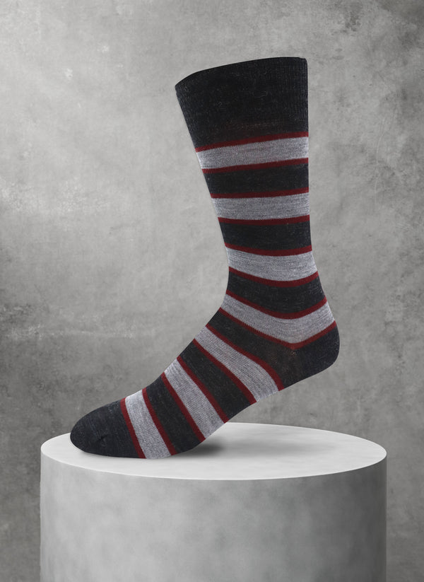 Merino Wool Dual Stripe Sock in Charcoal and Burgundy