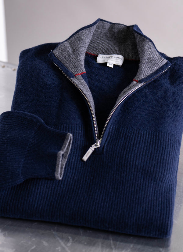 Men's Botticino Double Knit Quarter Zip Cashmere Sweater in Navy