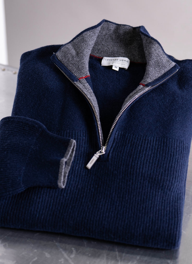 Men's Botticino Double Knit Quarter Zip Cashmere Sweater in Navy