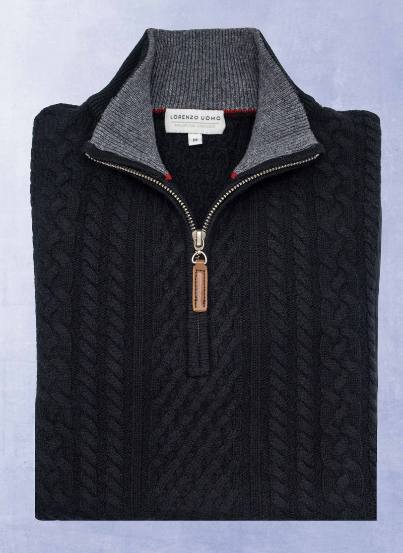 Men's Aalborg Cable Quarter Zip Cashmere Sweater in Black