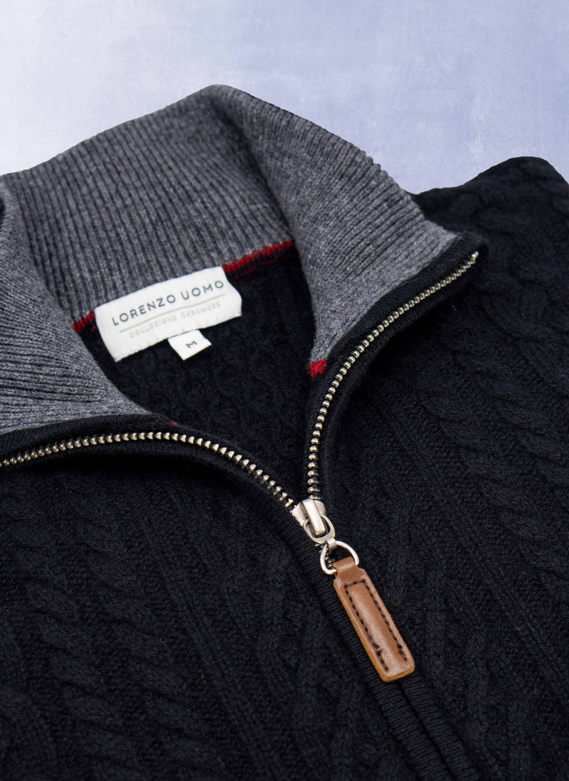 Men's Aalborg Cable Quarter Zip Cashmere Sweater in Black