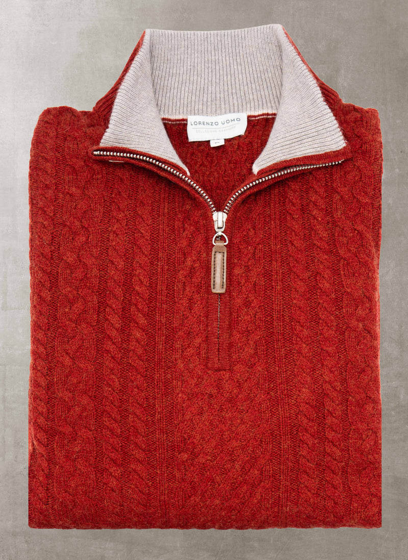 Men's Aalborg Cable Quarter Zip Cashmere Sweater in Cinna