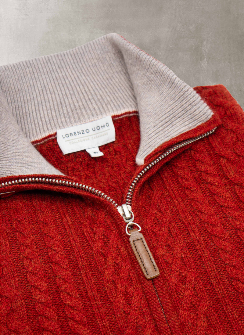 Men's Aalborg Cable Quarter Zip Cashmere Sweater in Cinna