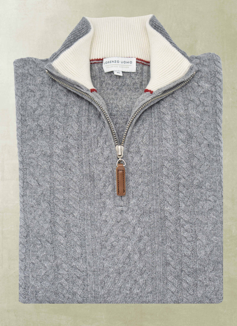 Men's Aalborg Cable Quarter Zip Cashmere Sweater in Grey