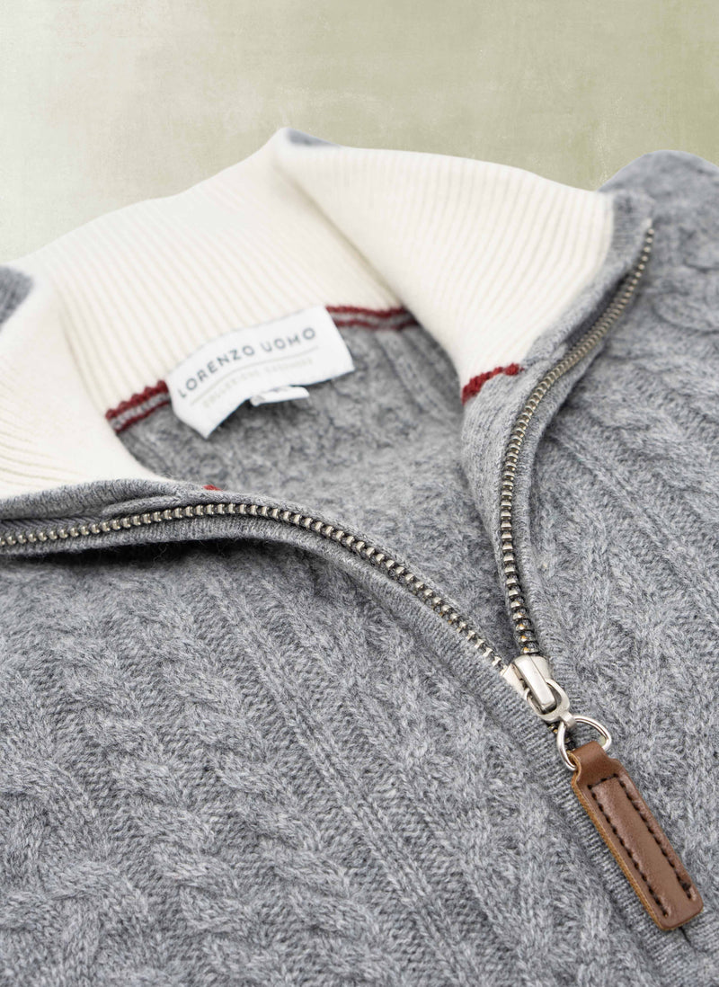 Men's Aalborg Cable Quarter Zip Cashmere Sweater in Grey