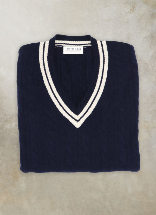 Men's Campo Tennis Cable V-Neck Cashmere Sweater in Navy