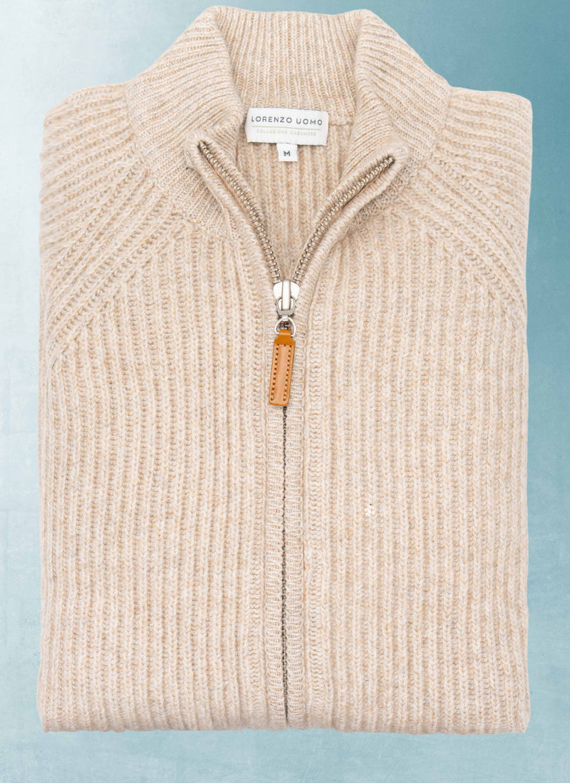 Men's Saarinen Full Zip Cashmere Mock-Neck Chunky Sweater in Beige Marle