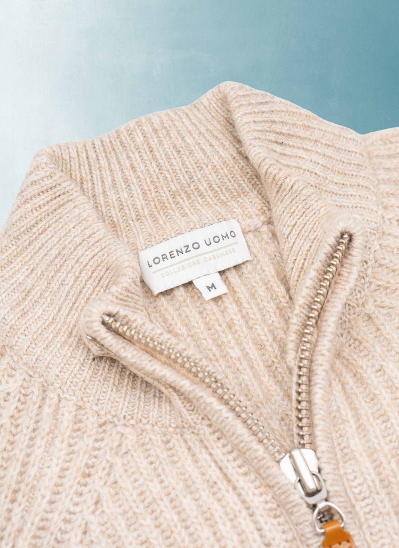 Men's Saarinen Full Zip Cashmere Mock-Neck Chunky Sweater in Beige Marle