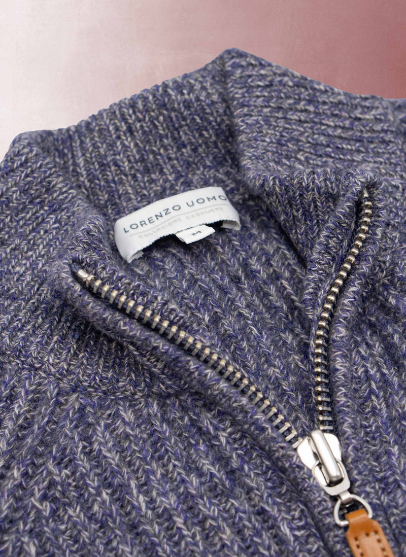 Men's Saarinen Full Zip Cashmere Mock-Neck Chunky Sweater in Blue Marle