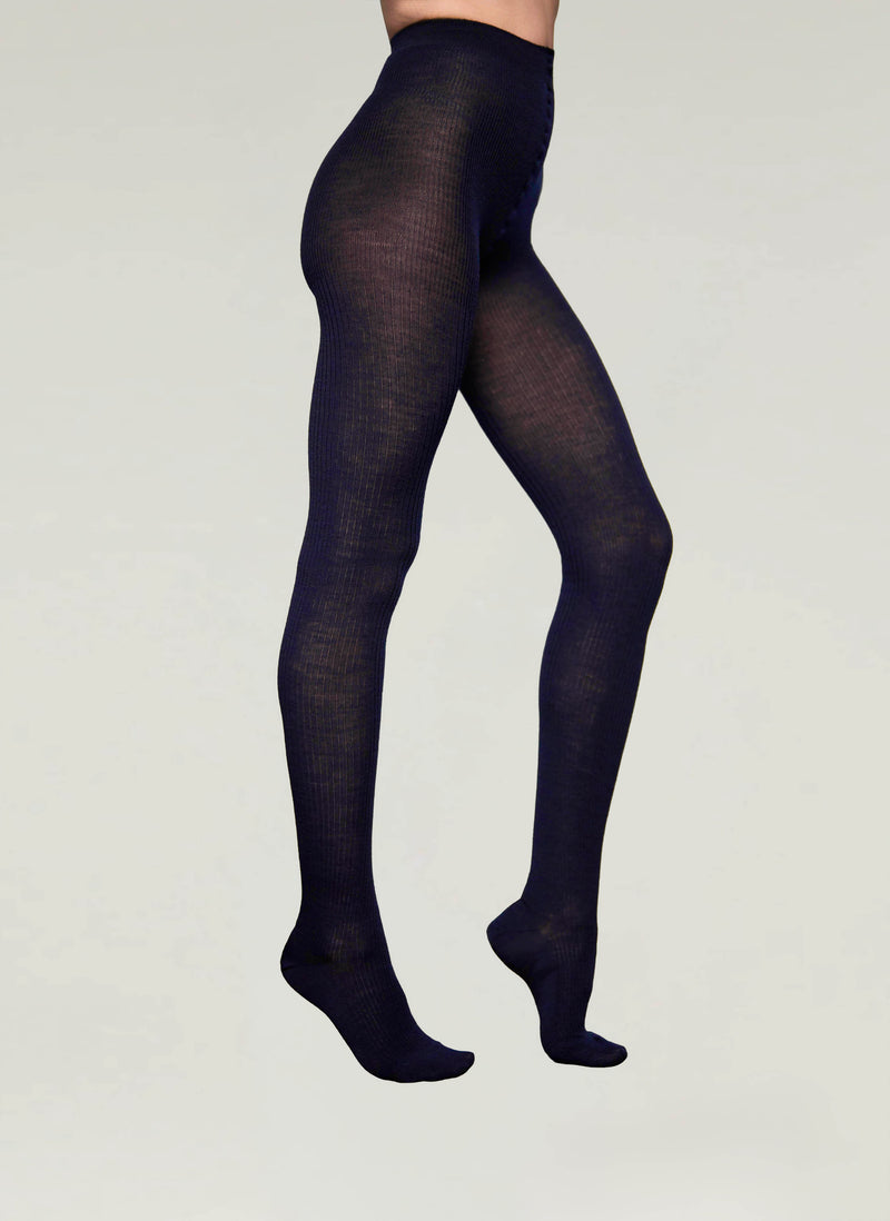 Merino Wool Rib Tights in Navy - Made in Italy