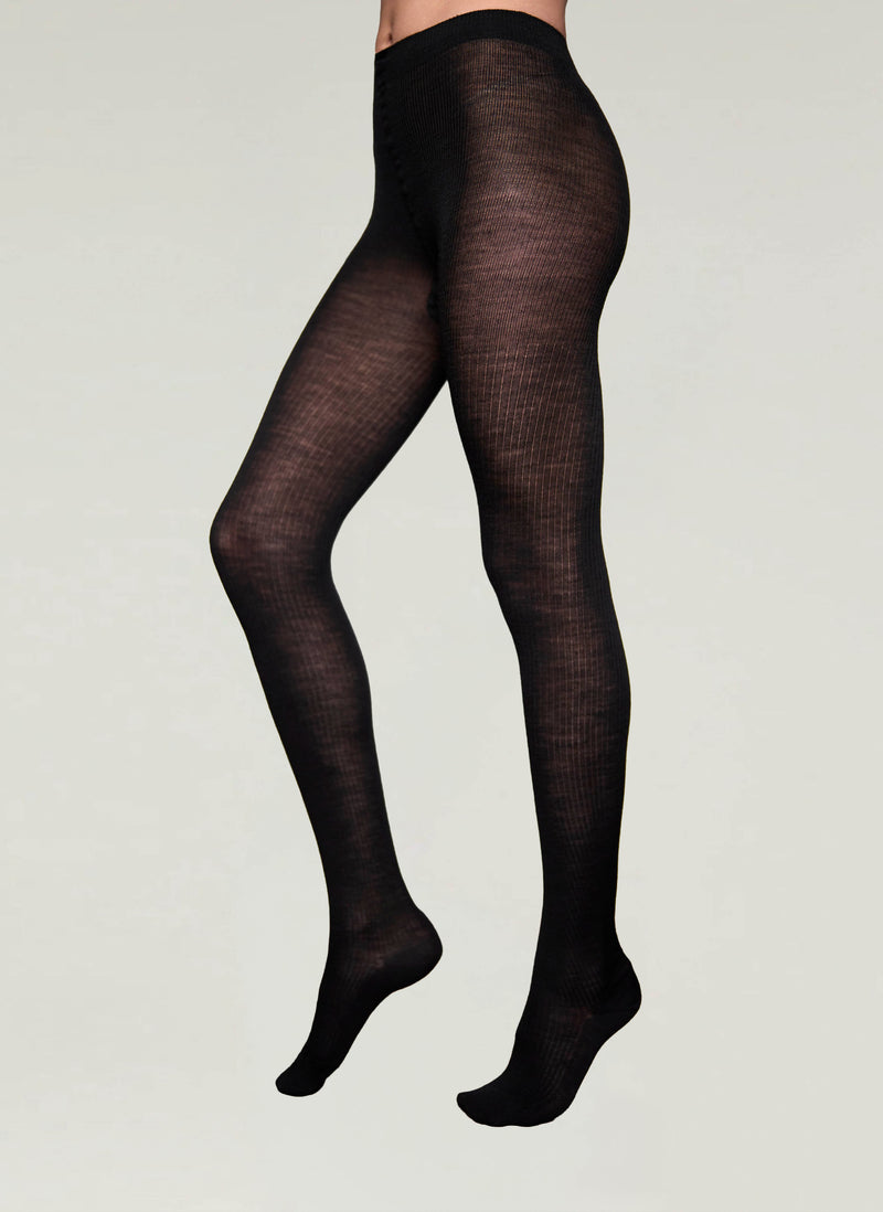 Merino Wool Rib Tights in Black - Made in Italy