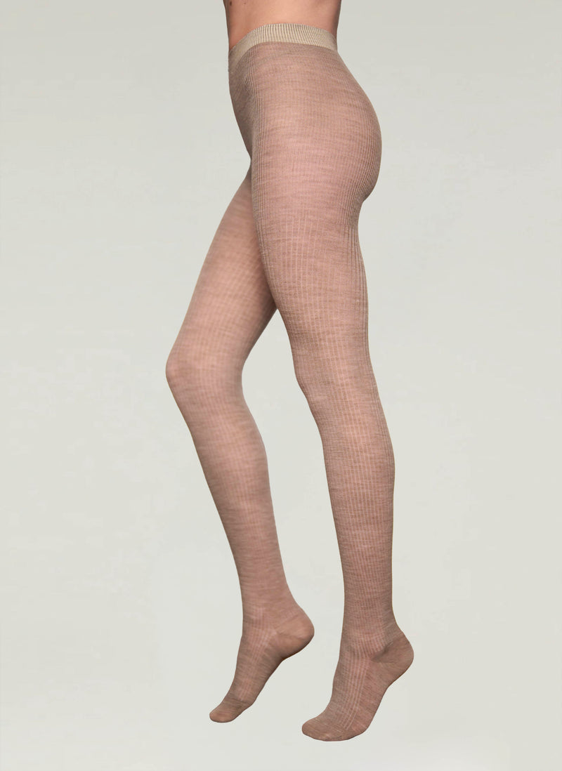 Merino Wool Rib Tights in Taupe - Made in Italy