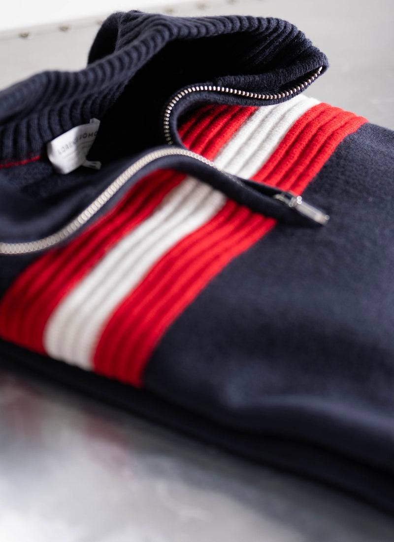 Men's SöLDEN Moto Stripe Quarter Zip Ultra Fine Merino Wool Sweater in Navy