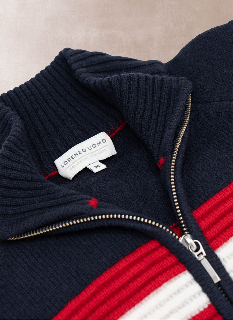 Men's SöLDEN Moto Stripe Quarter Zip Ultra Fine Merino Wool Sweater in Navy