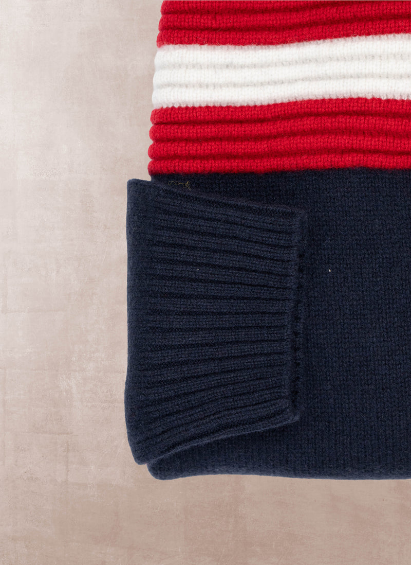 Men's SöLDEN Moto Stripe Quarter Zip Ultra Fine Merino Wool Sweater in Navy