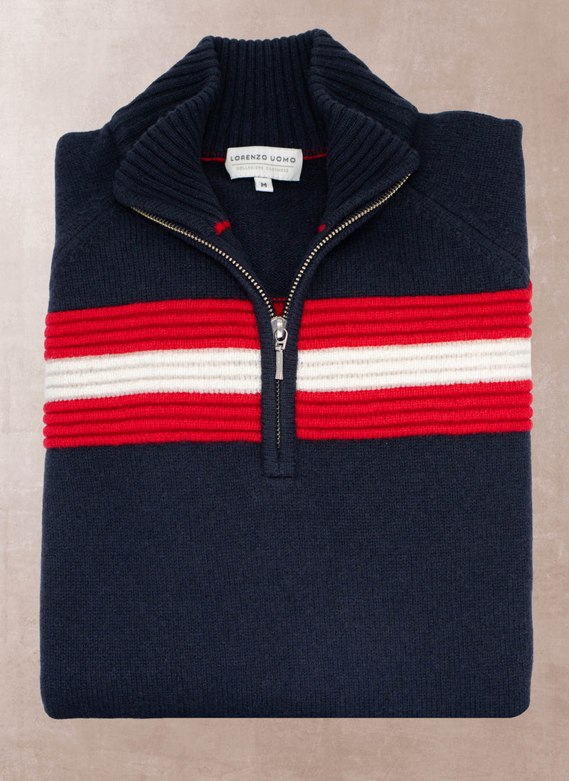 Men's SöLDEN Moto Stripe Quarter Zip Ultra Fine Merino Wool Sweater in Navy